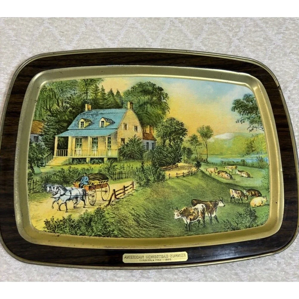 Vintage 70s Currier & Ives American Homestead Summer Scene Metal Tray